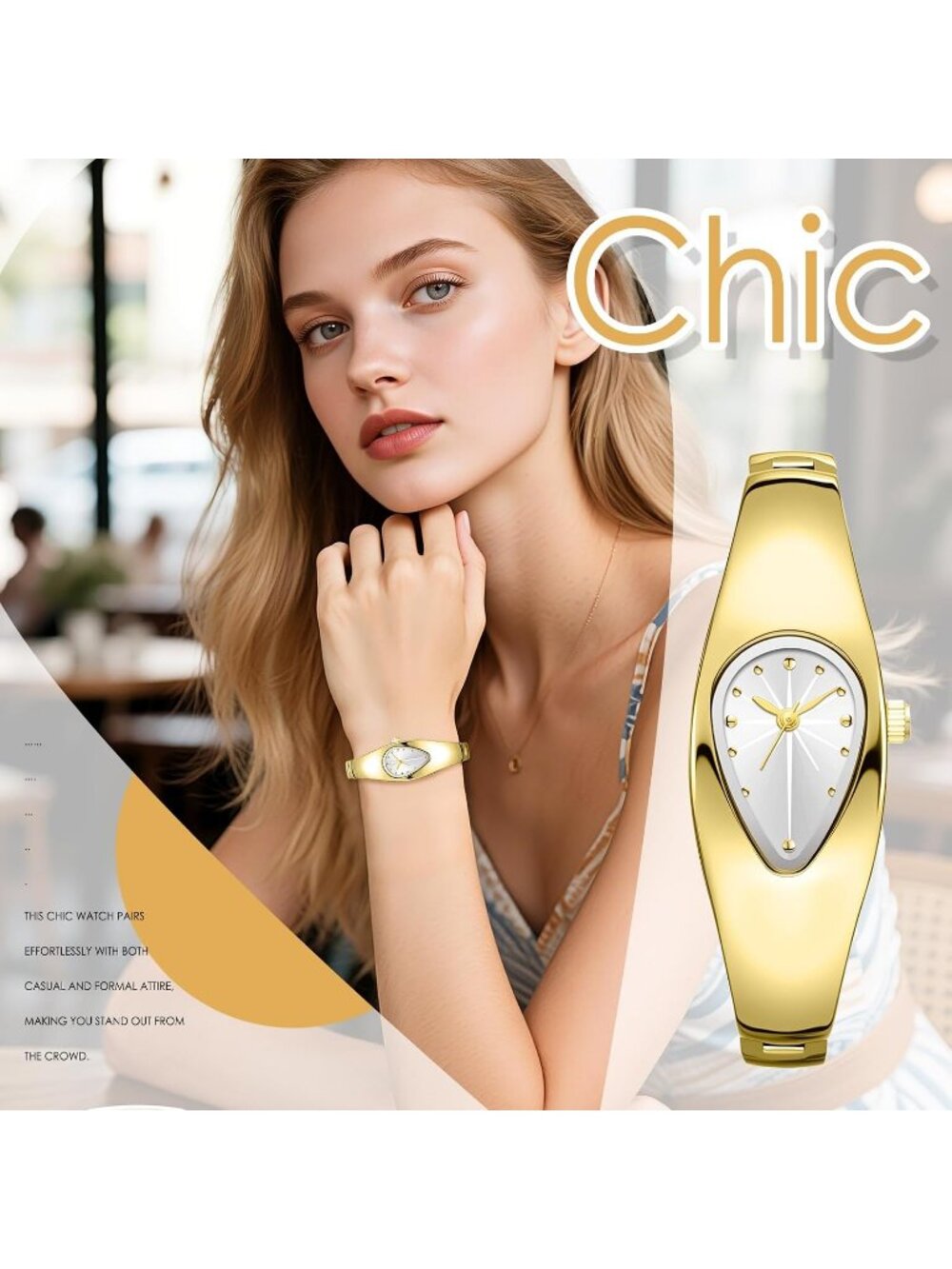 Women's Gold White Stainless Steel Strap Teardrop Shape Dial Quartz Wrist Watch - Picture 5 of 7
